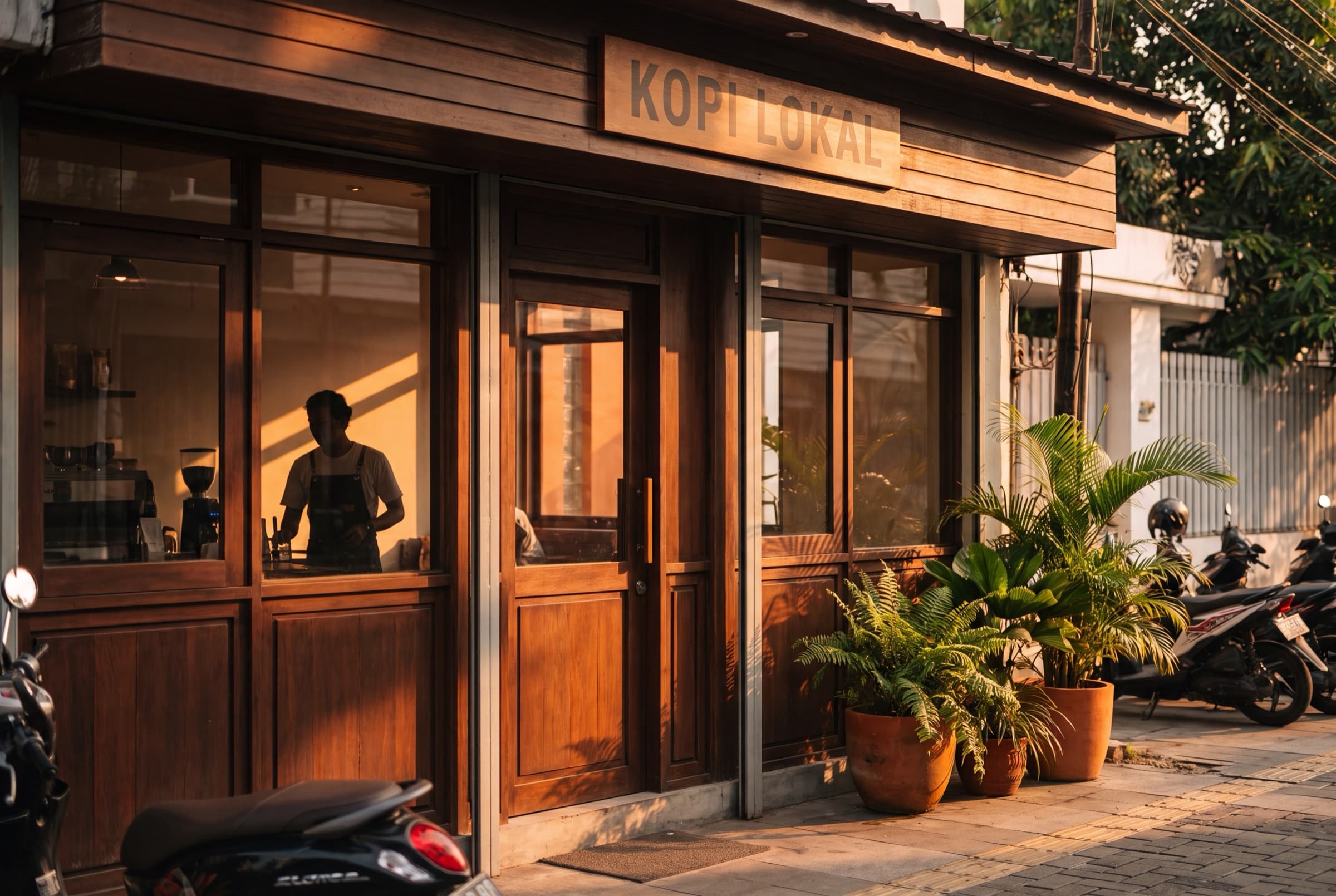 Fasad kedai KOPI LOKAL diterpa cahaya sore keemasan — salah satu cabang kedai kopi dalam kisah klien ini